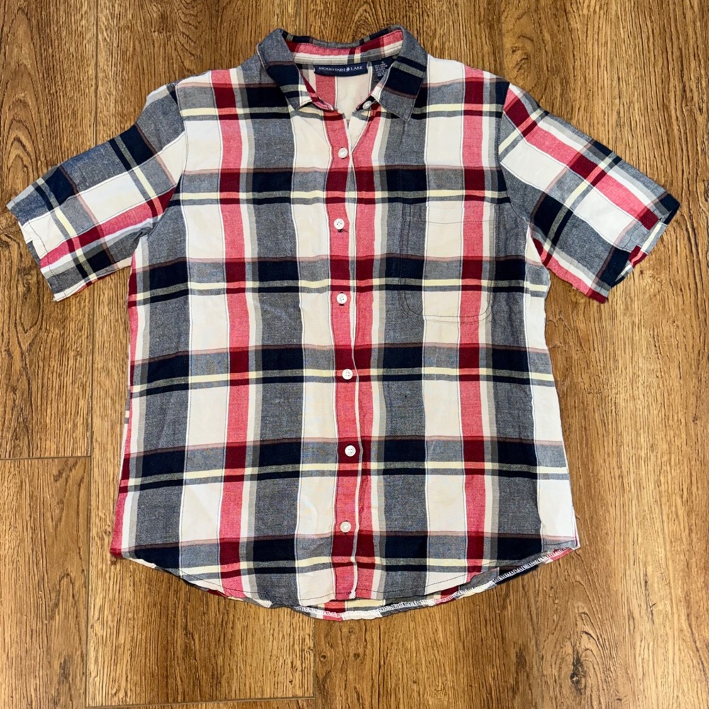 Mountain Lake Linen Plaid Short Sleeve Button Up Shirt Red Blue Womens S